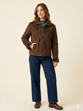 Vintage Cherokee Faux Shearling Suede Zip Jacket Brown S/P 90s Friends Boho